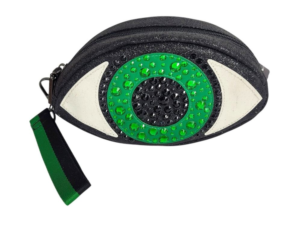 Bath & Body Works Eyeball Clutch Glittery Black Green Gems Cosmetic Bag NWT
